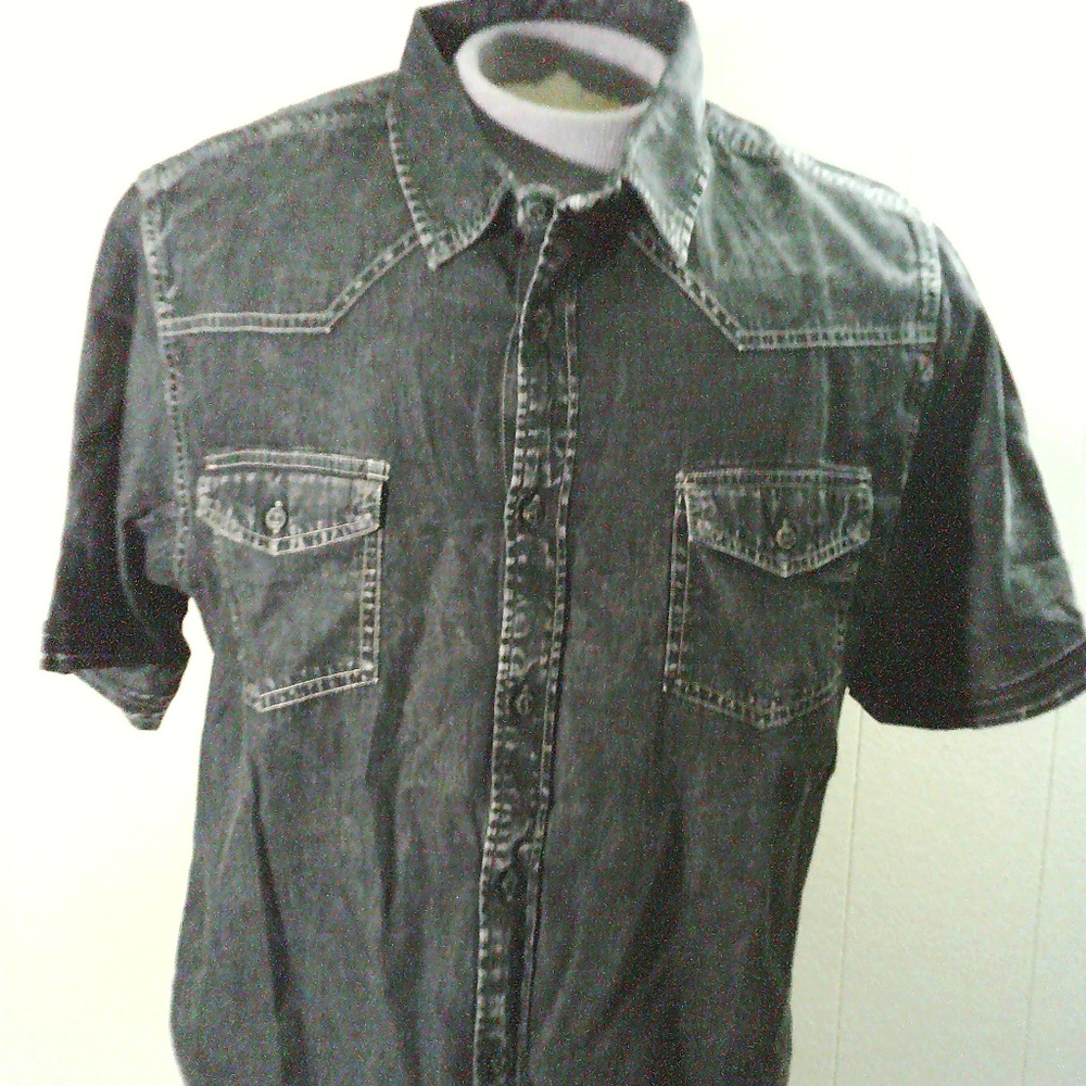 Black Distressed Denim Button Down Shirt.
